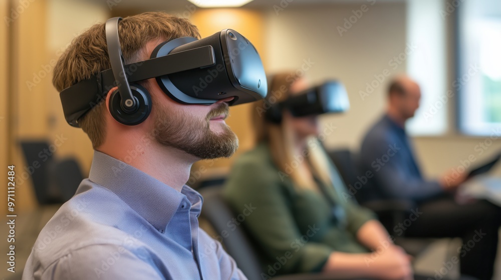 A man wearing a VR headset is sitting in a room with two other people. The room has a modern and futuristic feel to it