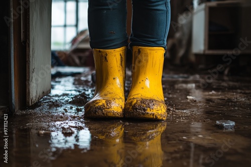 Person in yellow rain boots stands in a muddy room. photo