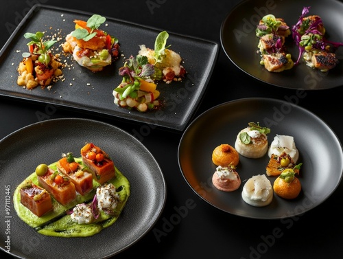 Elegant Presentation of Plant-Based Dishes on Black Dinnerware, Modern Vegan Cuisine, Culinary Art photo