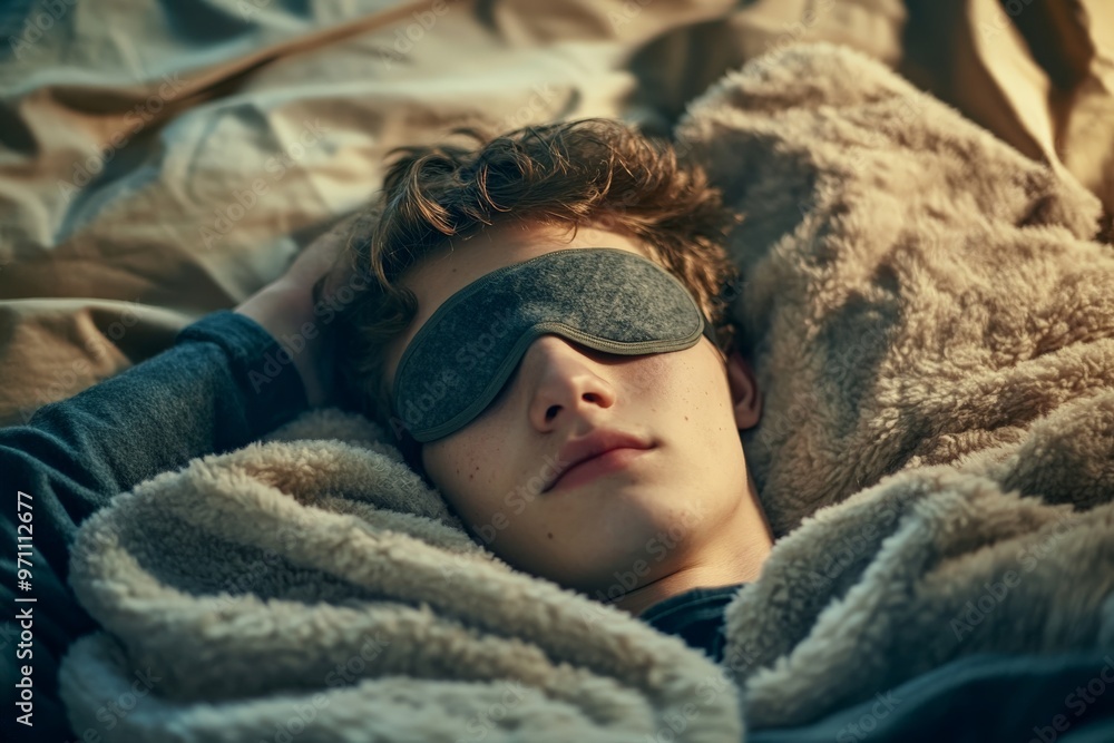 Man resting in bed with an eye mask on Man resting in bed with an eye mask on