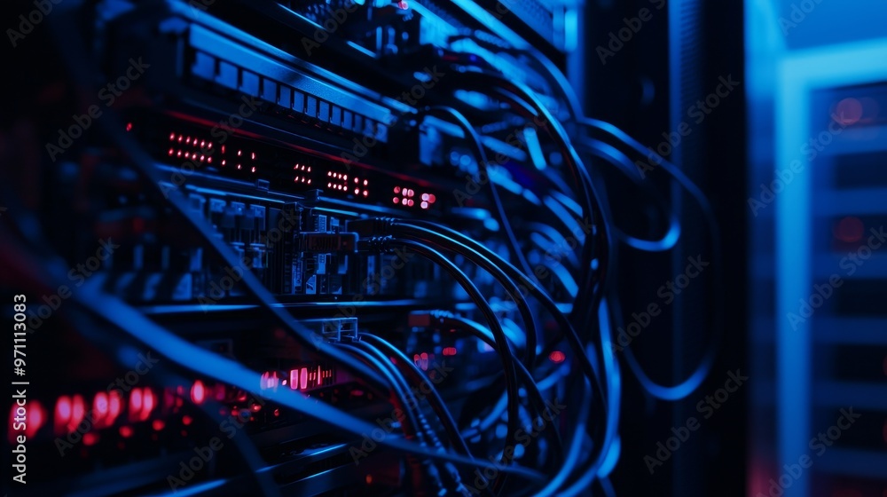 Network background of Internet cables and wires in a server room with switch in a company developing quantum computers. Network background of Internet cables and wires in a server room with switch in a company developing quantum computers.