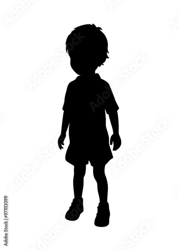 A young boy is standing in a black and white photo