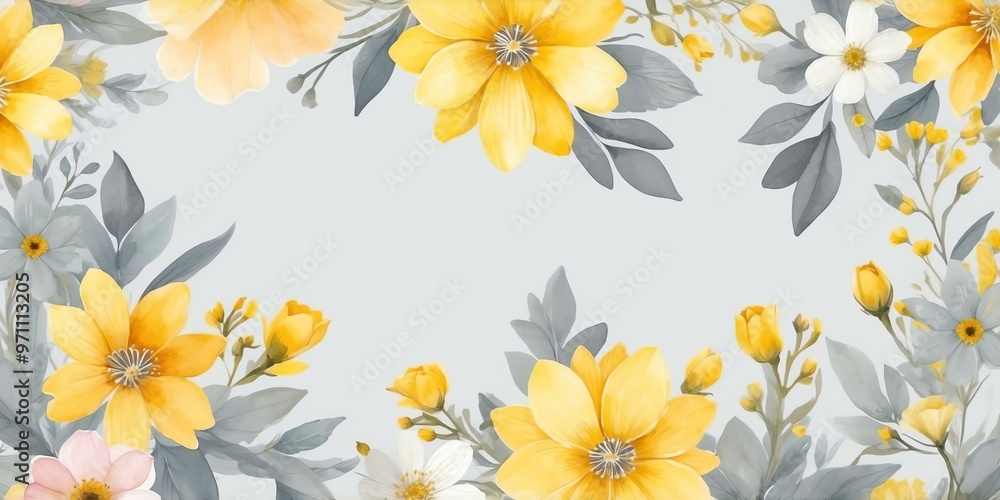 Obraz premium pretty yellow theme flowers on pastel gray background, concept for banner, watercolor style