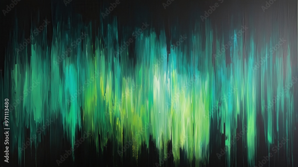A painting of green and black stripes with a blue background. The painting is abstract and has a mood of calmness and serenity A painting of green and black stripes with a blue background. The painting is abstract and has a mood of calmness and serenity