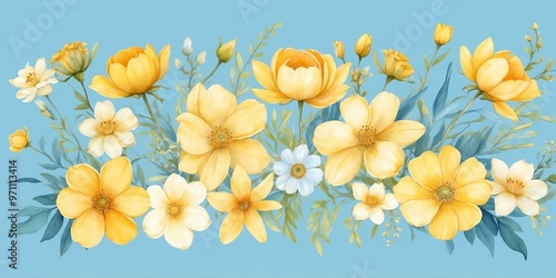 pretty yellow theme flowers on pastel blue background, concept for banner, watercolor style