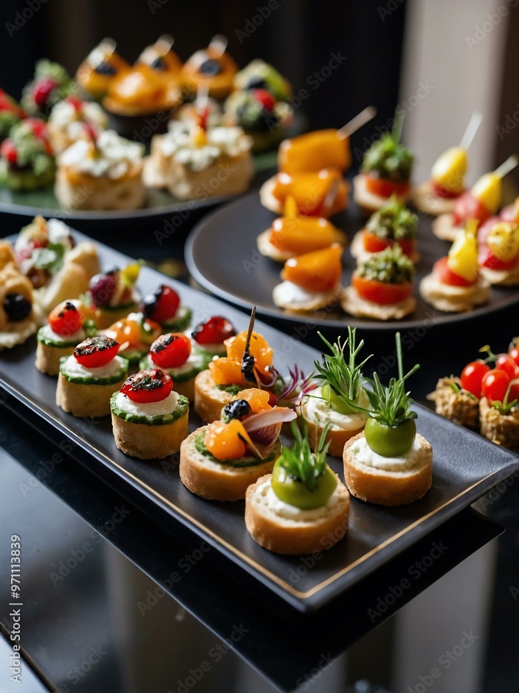 Variety of canapés on trays for buffet presentation. Variety of canapés on trays for buffet presentation.