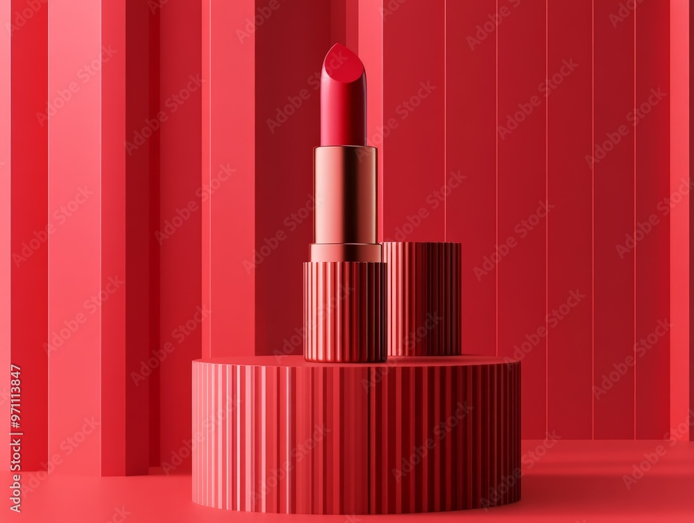 Red Lipstick on a Red Platform with a Minimalist Background, Featuring Innovative Packaging and a Bold Design Red Lipstick on a Red Platform with a Minimalist Background, Featuring Innovative Packaging and a Bold Design