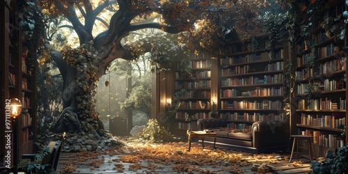 Cozy library with lush greenery and sunlight filtering through a tree in an enchanting forest setting. Generative AI