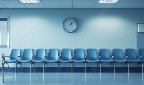 Fototapeta Naklejka Na Ścianę i Meble -  A row of blue chairs are lined up in a room with a clock on the wall. The chairs are empty and the room is very clean