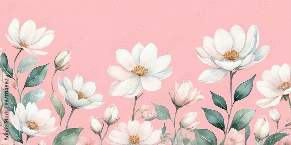 Fototapeta premium pretty white theme flowers on pastel pink background, concept for banner, watercolor style