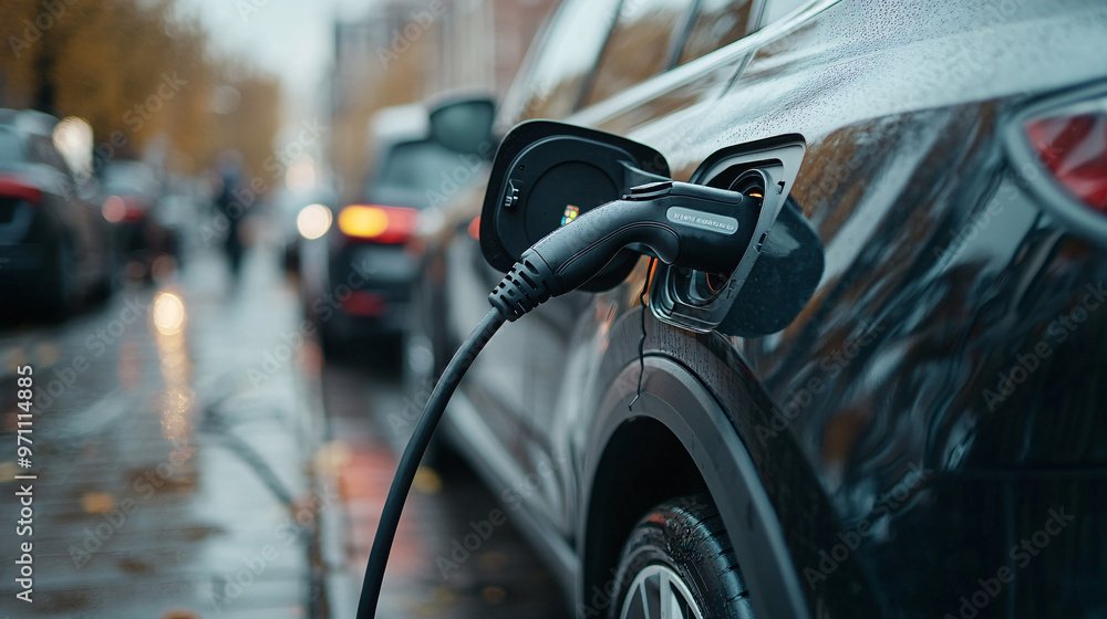 Innovative electric car connected to charging station with future architecture background. Technological advancement rechargeable EV car using alternative clean and sustainable energy. Innovative electric car connected to charging station with future architecture background. Technological advancement rechargeable EV car using alternative clean and sustainable energy.