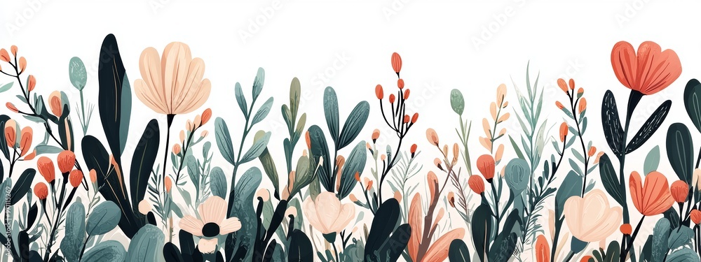 An isolated collection of tropical leaves with an illustration of wildflowers growing in a meadow. An isolated collection of tropical leaves with an illustration of wildflowers growing in a meadow.