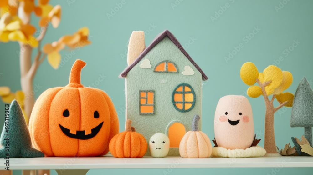 Halloween is a non-scary decor for children with soft felt and smiling characters, funny and cute, not creepy. Halloween is a non-scary decor for children with soft felt and smiling characters, funny and cute, not creepy.