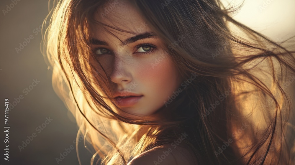 A close-up of a woman with long, flowing hair, looking over her shoulder with soft light illuminating her face A close-up of a woman with long, flowing hair, looking over her shoulder with soft light illuminating her face