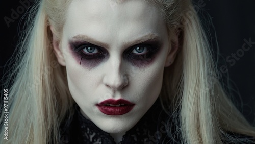 Unique Portrait of a Gothic Character With Dramatic Makeup in a Dimly Lit Setting