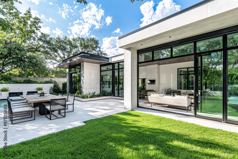 A modern house exterior with an open patio and an awning. A modern house exterior with an open patio and an awning.