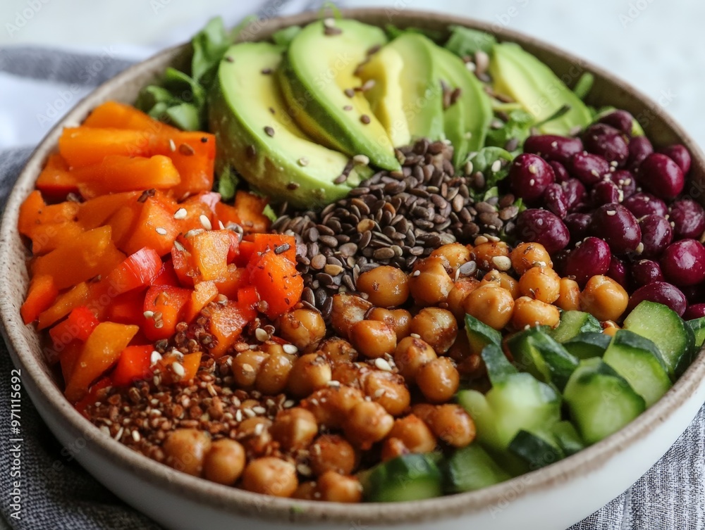 Vibrant Plant-Based Salad Bowl Featuring Chickpeas, Avocado, Red Pepper, Cucumber, and Seeds Vibrant Plant-Based Salad Bowl Featuring Chickpeas, Avocado, Red Pepper, Cucumber, and Seeds