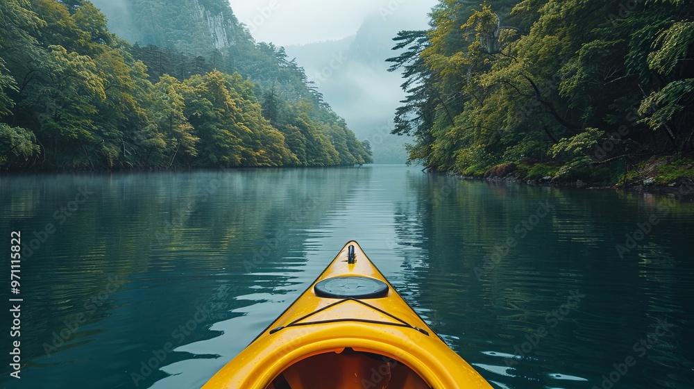 Fototapeta premium kayak on the lake Serene kayaking on mirror-like lake