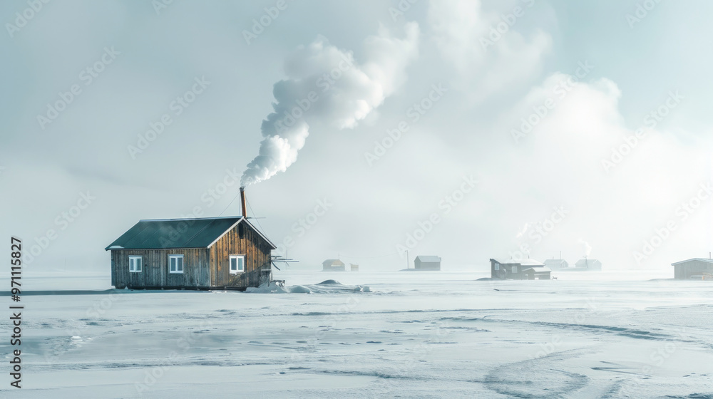 Cozy Fish House on a Frozen Lake with Smoke Rising at Dawn. Concept of Winter Serenity, Solitary Retreat, and Nature's Tranquility Cozy Fish House on a Frozen Lake with Smoke Rising at Dawn. Concept of Winter Serenity, Solitary Retreat, and Nature's Tranquility