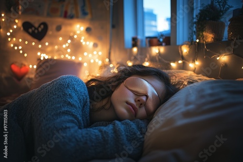 Woman resting in bed with Christmas lights twinkling behind. photo