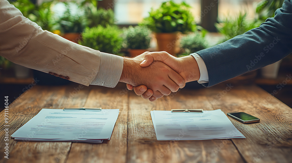 Business handshake after successful deal, with calculator and documents