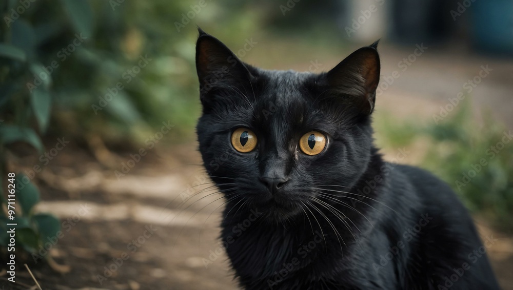 Whimsical black cat with large eyes and curly tail. Whimsical black cat with large eyes and curly tail.