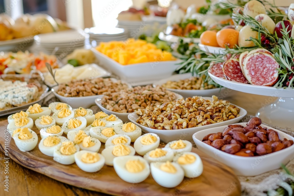 Variety of food items arranged on a table Variety of food items arranged on a table