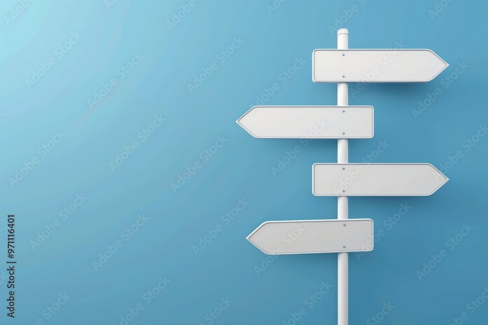 A white sign with four arrows pointing in different directions. The sign is on a blue wall. The sign is meant to be a symbol of guidance or direction A white sign with four arrows pointing in different directions. The sign is on a blue wall. The sign is meant to be a symbol of guidance or direction