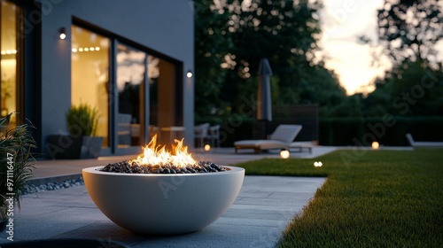 Patio with outdoor fireplace, built-in gas flame fire pit, and outdoor seating lounge area.