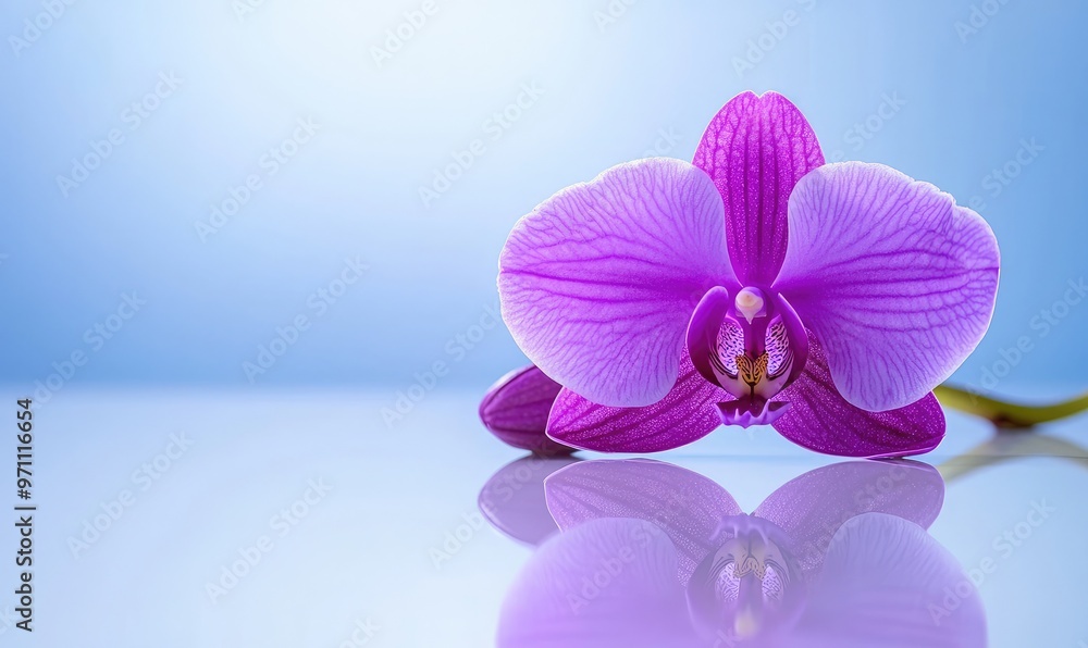 Obraz premium A stunning pink orchid flower reflecting on a smooth surface, set against a soft blue background. Perfect for floral themes.