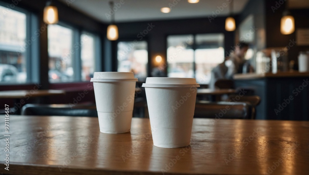 White takeaway coffee cups on a table with a blurred coffee shop in the background, with space for text. White takeaway coffee cups on a table with a blurred coffee shop in the background, with space for text.