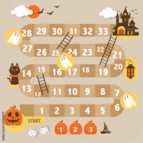 Frame of board game ,Funny frame,snake games,happy halloween, illustrations.