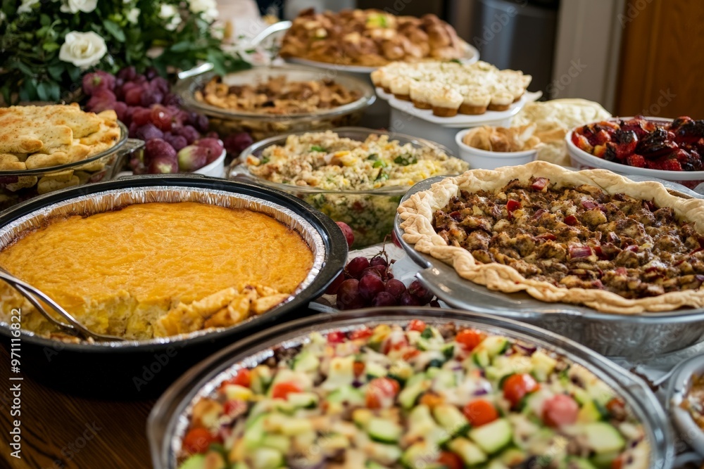 Close-up of a table with various pies and dishes. Close-up of a table with various pies and dishes.
