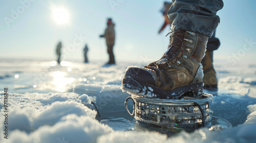 Close-up of Angler's Boots Standing on Fish Trap During Ice Fishing Adventure. Concept of Winter Sports, Outdoor Activities, Cold Weather Fishing photo