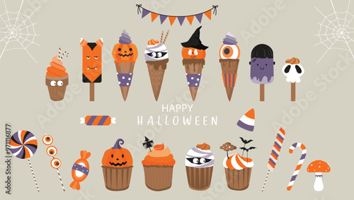 Halloween Ice cream with Popping Candy,spook symbols icons set for Halloween Party decoration.Sweet Halloween vector illustrations. 