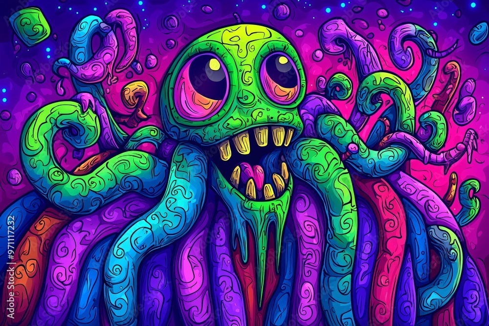 Colorful Cartoon Monster with Wavy Tentacles Colorful Cartoon Monster with Wavy Tentacles