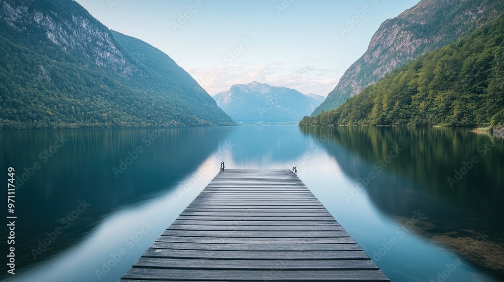 A wooden pier sits in front of a lake, with the water reflecting the sky and mountains in the background. The scene is serene and peaceful, with the calm water A wooden pier sits in front of a lake, with the water reflecting the sky and mountains in the background. The scene is serene and peaceful, with the calm water