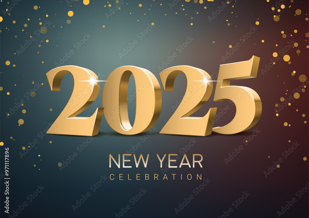 Elegant design of golden 3d lettering 2025 on dark background. Fairytale style illustration with golden sparkling confetti background. New Year 2025 celebrations. Vector illustration Elegant design of golden 3d lettering 2025 on dark background. Fairytale style illustration with golden sparkling confetti background. New Year 2025 celebrations. Vector illustration