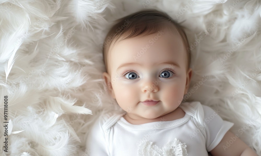 A baby is laying on a white blanket with a fluffy feathery texture. The baby has blue eyes and a smile on its face. Concept of warmth and comfort, as the baby is surrounded by soft and cozy materials A baby is laying on a white blanket with a fluffy feathery texture. The baby has blue eyes and a smile on its face. Concept of warmth and comfort, as the baby is surrounded by soft and cozy materials