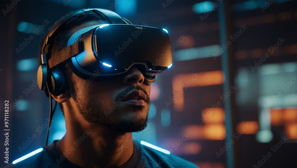 Young man wearing VR goggles interacts with a glowing digital interface. Young man wearing VR goggles interacts with a glowing digital interface.