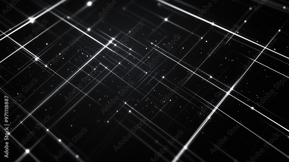 A black and white image of a grid of lines with a lot of white dots. The image is abstract and has a futuristic feel to it A black and white image of a grid of lines with a lot of white dots. The image is abstract and has a futuristic feel to it