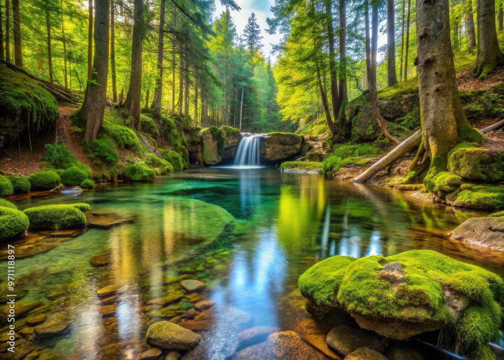 Serene natural spring in Michigan's forest, surrounded by lush greenery and moss-covered rocks, with crystal-clear water flowing gently into the surrounding tranquil landscape. Serene natural spring in Michigan's forest, surrounded by lush greenery and moss-covered rocks, with crystal-clear water flowing gently into the surrounding tranquil landscape.