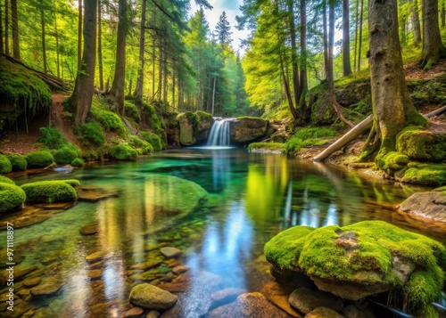 Serene natural spring in Michigan's forest, surrounded by lush greenery and moss-covered rocks, with crystal-clear water flowing gently into the surrounding tranquil landscape.