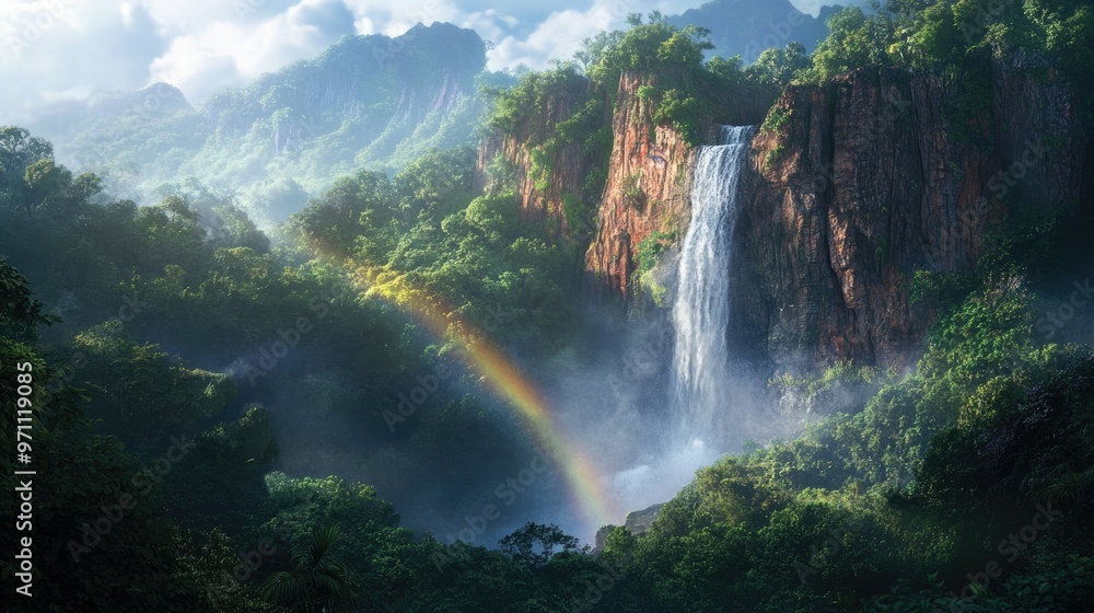 Fototapeta premium A waterfall cascading down a steep cliff, with a rainbow visible in the mist at the base, surrounded by dense greenery.