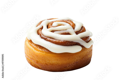 Delicious cinnamon roll topped with creamy icing, perfect for breakfast or dessert, tempting with its spiral design and sweet aroma.