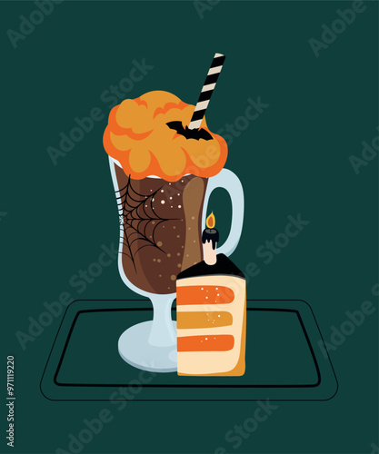 Illustration with Iced Coffee at Halloween Taste and Slice Cake
