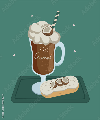 Illustration with Iced Coffee at Coconut Taste and Eclair 