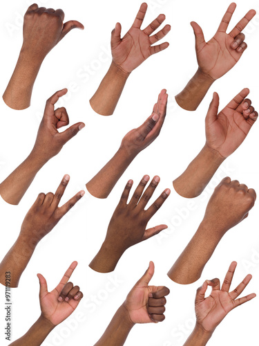 African-american man hands showing symbols and gestures, like, offering, ok, writing, isolated on white background. Set of male hands. photo