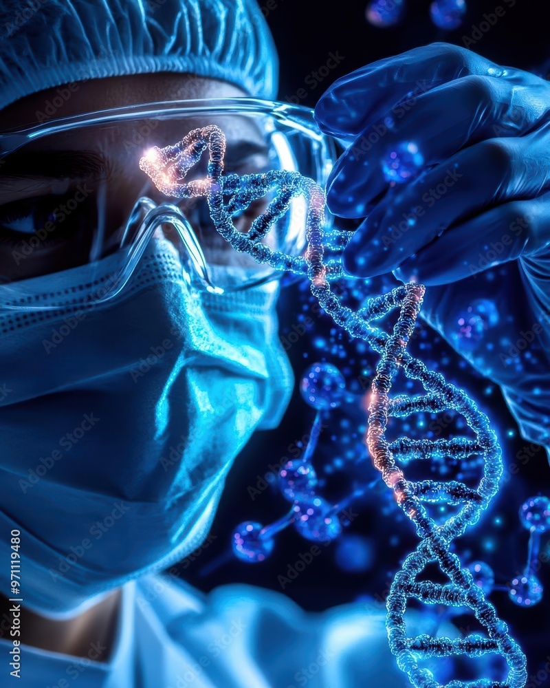 Close-up of scientist examining glowing DNA strand, showcasing advanced research in genetics and molecular biology. Close-up of scientist examining glowing DNA strand, showcasing advanced research in genetics and molecular biology.