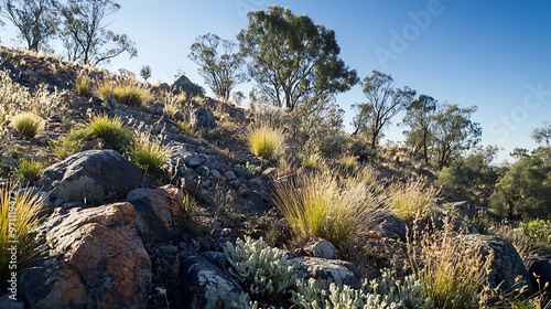 A rocky hillside in the Outback covered with tough, drought-resistant plants and shrubs, adapted to the extreme climate  photo